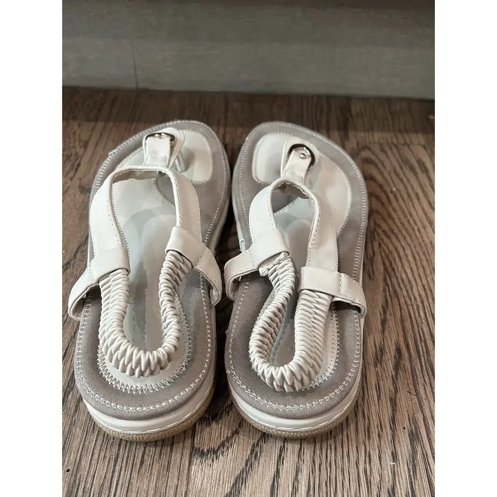 SOCOFY Bohemian T Strap Thong Sandals Beige Ankle Elastic Women Sz EU 40 US 9